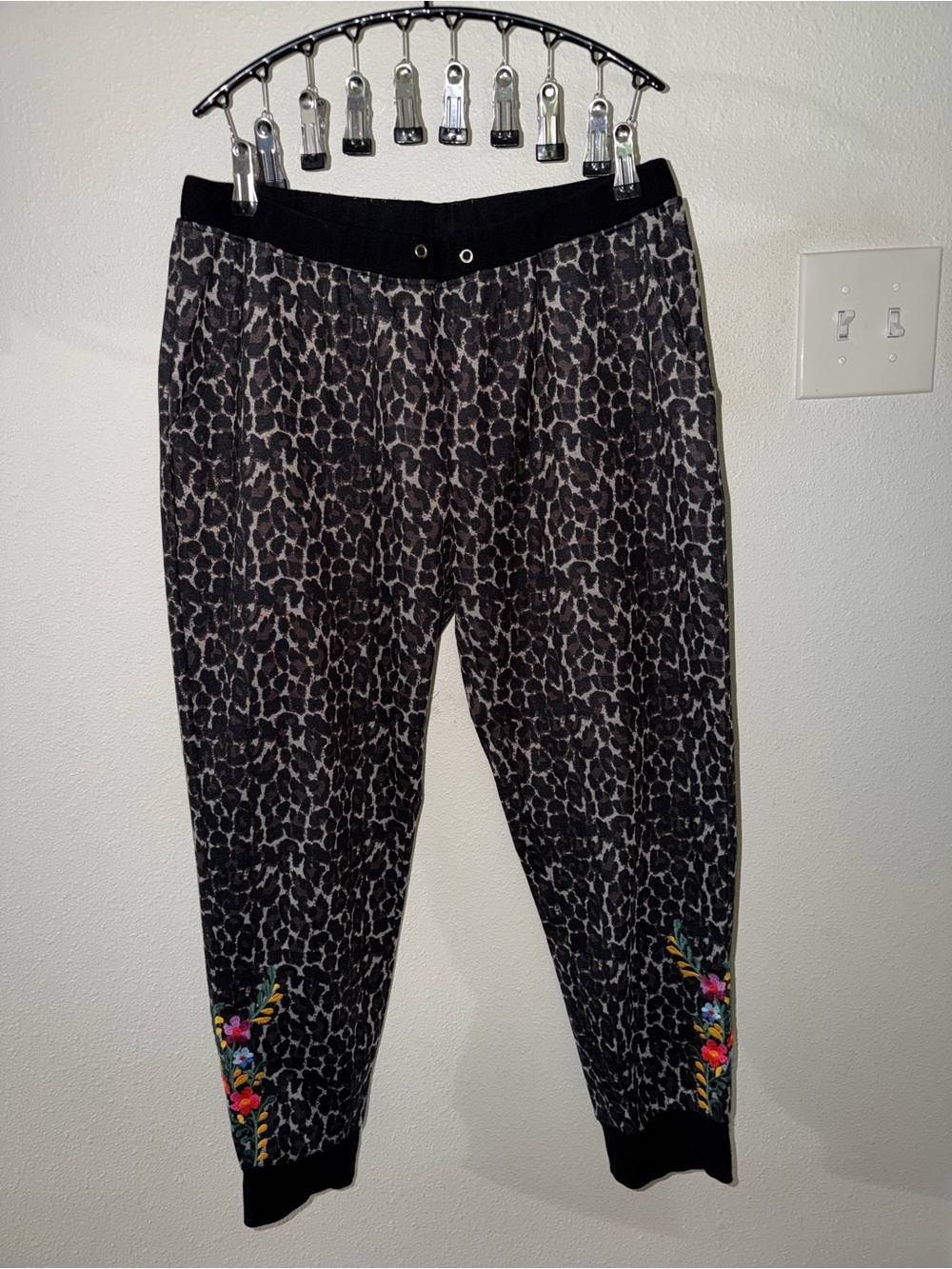 Women's Black Leopard Print Joggers with Floral Ankle Detail